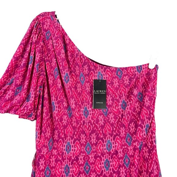 LAUREN Ralph Lauren Women Ruffle Dress Sz 10 Fuchsia Multi Geo High Low Hem NWT - Picture 3 of 14
